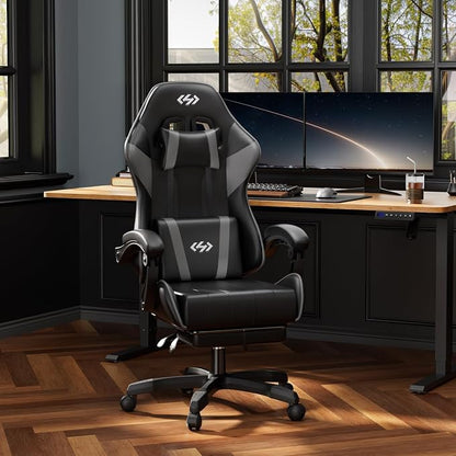 HLDIRECT Gaming Chair, Ergonomic Computer Office Chair with Lumbar Support Footrest Headrest, Adjustable Height & Backrest Angle Video Gamer Chair, PU Leather, 360° Swivel, Adult (Black&Grey)