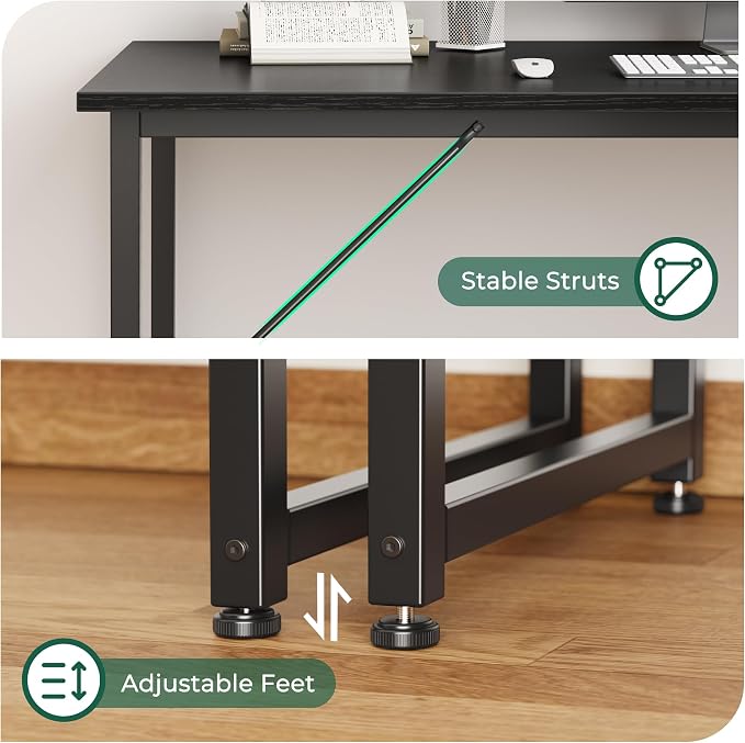 Huuger Computer Desk, 55 Inch Home Office Desk, Gaming Writing Work from Home Study Desk, Large Legroom, Sturdy Metal Frame, Modern Simple, Black