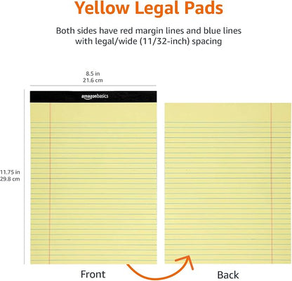 Amazon Basics Legal/Wide Ruled 8.5 x 11.75 inch Legal Pad, Canary, 72 Count (Pack of 12), 50 sheets per pad, 6 packs per carton