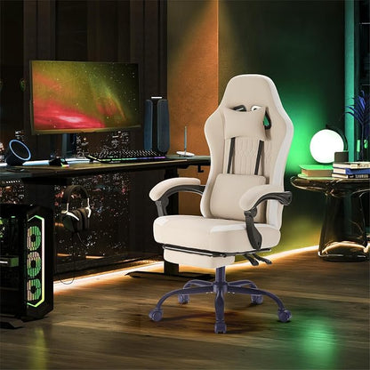 Sweetcrispy Computer Gaming Chair: High Back Ergonomic Desk Chair with Footrest and Lumbar Support, Height Adjustable with Linkage Armrests and Headrest, 360°Wheels, Fabric, Khaki