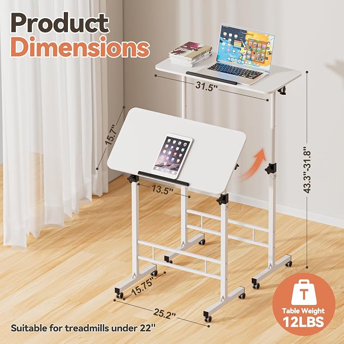 32 Inch Rolling Standing Desk Adjustable Height, Small Mobile Laptop Stand Up Table with Tiltable Tabletop & Lockable Wheel, Portable Workstations for Home Office & Walking Pad Treadmill, White