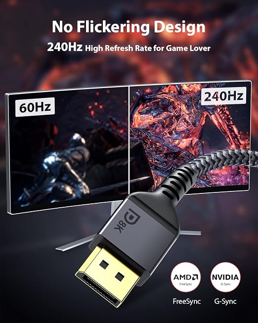 Maxonar 8K DisplayPort Cable 1.4, 6Ft/1.8M (8K@60Hz, 4K@144Hz, 2K@240Hz) HBR3 High Speed DP to DP for PC, Laptop, TV, Gaming Monitor - Grey