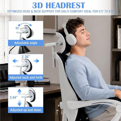 Ergonomic Home Office Chair with Footrest - Adjustable Lumbar Support & 3D Headrest, 90-160° Reclining Mesh High-Back Rolling Work Swivel Computer Chair-400lbs Capacity (White & Black)