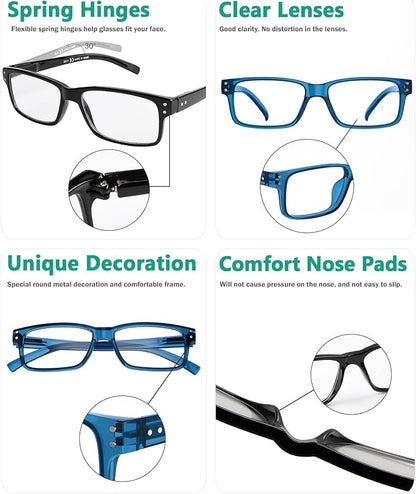 Eyekepper Vintage Reading Glasses for Men - 3 Pairs Black and 2 Pairs Blue - Spring Hinges Classic Readers +3.75