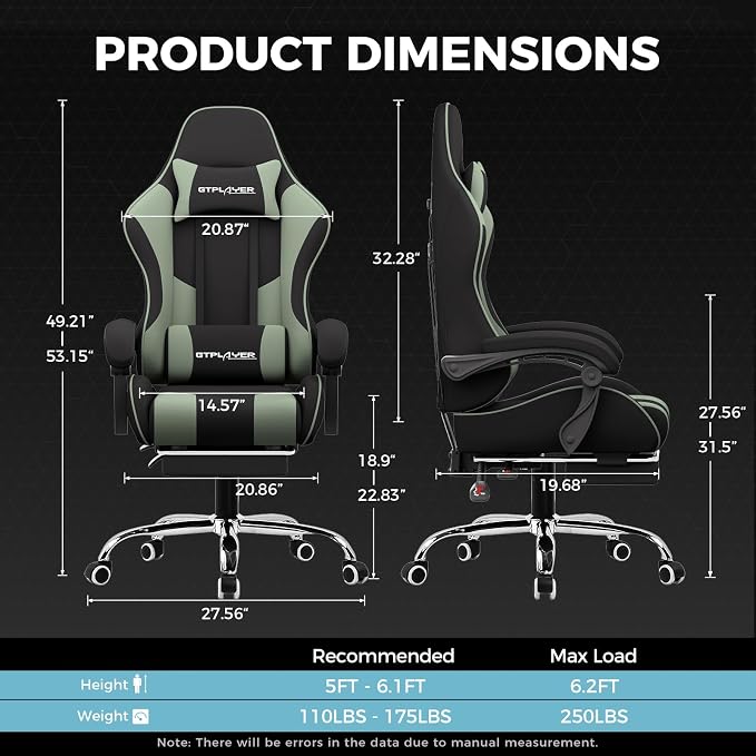 GTPLAYER Gaming Chair, Computer Chair with Footrest and Lumbar Support, Height Adjustable Game Chair with 360°-Swivel Seat and Headrest and for Office or Gaming (Green, Fabric)