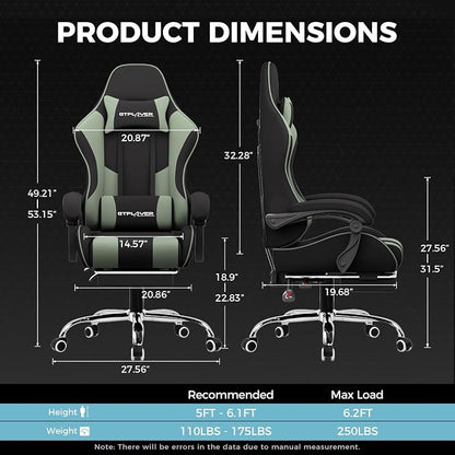 GTPLAYER Gaming Chair, Computer Chair with Footrest and Lumbar Support, Height Adjustable Game Chair with 360°-Swivel Seat and Headrest and for Office or Gaming (Green, Fabric)