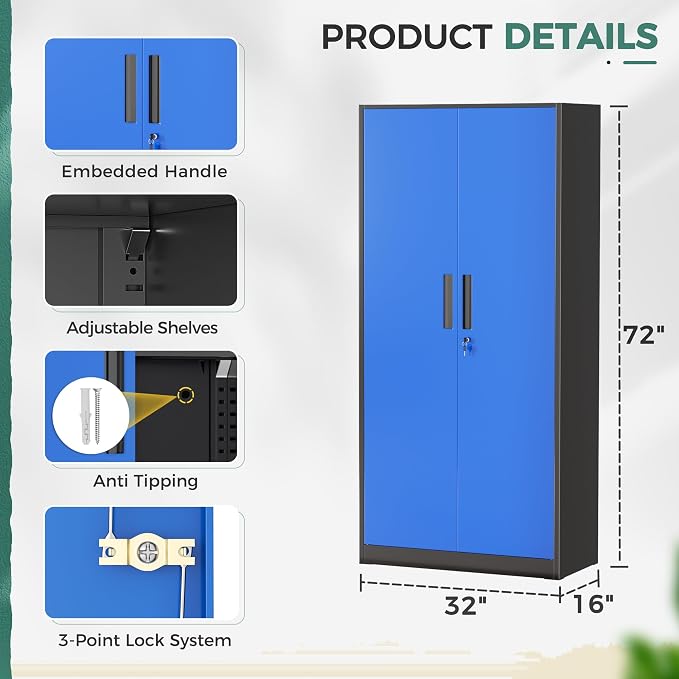 Greenvelly Metal Garage Storage Cabinet, 72" Tall Steel Storage Cabinets with 2 Doors and 4 Adjustable Shelves, Metal Tool Cabinets, Locking File Cabinet for Home Office, Garage, School (Black Blue)