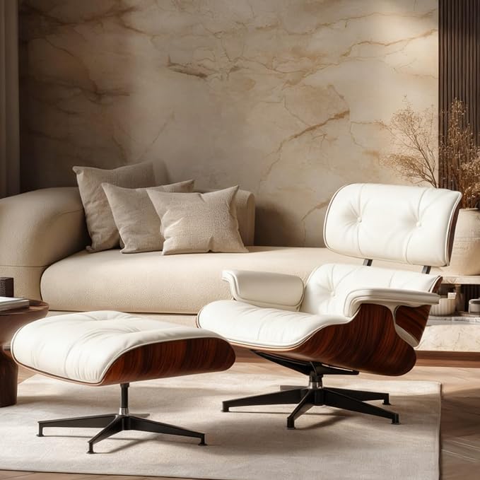 Mid Century Lounge Chair with Ottoman,Top Grain Leather Accent Chair,Chase Lounge Chair Indoor, Modern Chair Classic Design, Heavy Duty Base Support for Living Room Office Premium, Palisander White