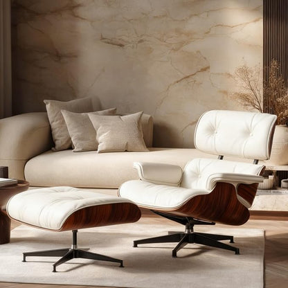 Mid Century Lounge Chair with Ottoman,Top Grain Leather Accent Chair,Chase Lounge Chair Indoor, Modern Chair Classic Design, Heavy Duty Base Support for Living Room Office Premium, Palisander White
