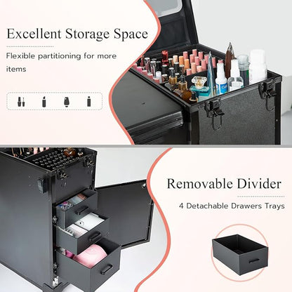 Portable Manicure Table with Storage – Travel Nail Desk | 360° Swivel Wheels Rolling Case, Professional Mobile Salon Station, Cosmetic Makeup Organizer Cart for Tech On the Go