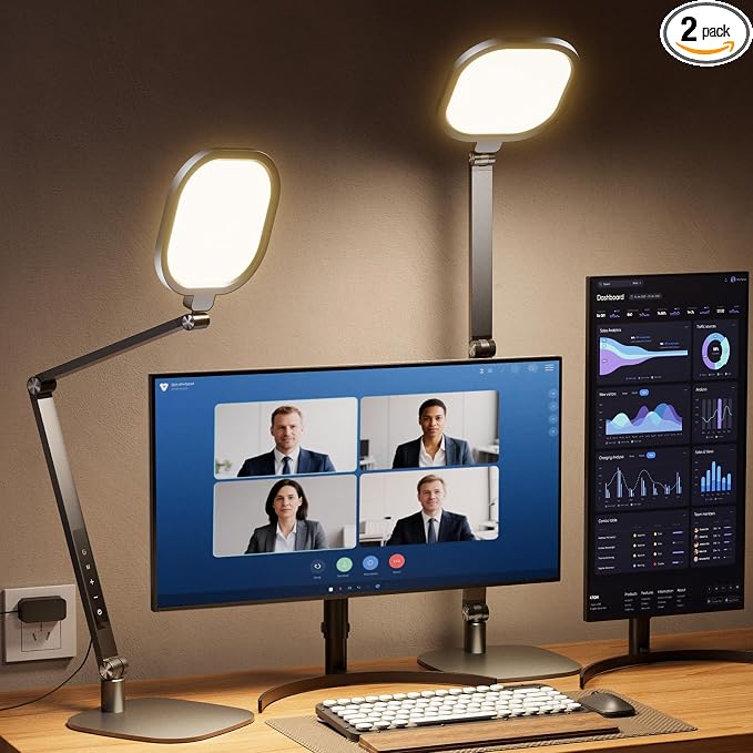 LitONES LED Desk Lamp for Home Office, 15W Desk Light with CRI >95, Memory & Timer Function, 1200LM Dimmable Computer Light for Video Calls, Conference, Reading, Study (Black-2packs)