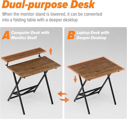 WOHOMO Folding Computer Desk with Adjustable Height, 23.6" x 31.5" x 25.6" Foldable Table with Monitor Stand, Small Office Desk for Bedroom, Space Saving Desk for Home Office, Easy Assemble, Walnut