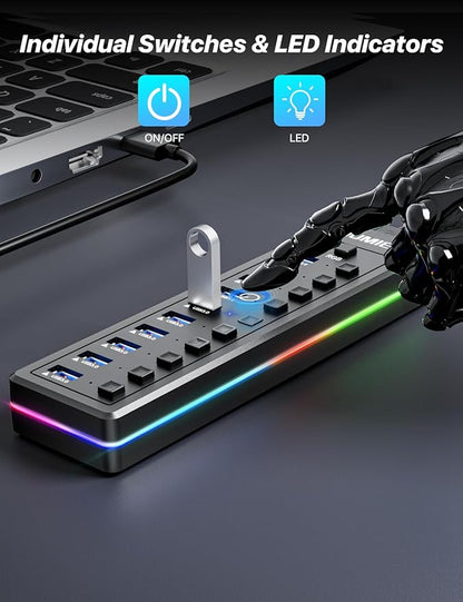 Powered USB Hub, 10-Port USB Splitter with RGB LED Strip | 5Gbps Data Transfer,Individual LED On/Off Switches and 12V/2A Power Adapter for Laptop, PC, Mouse, Keyboard, Hard Drive