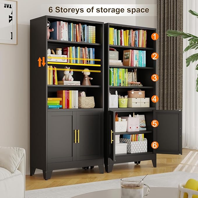 erosoei 71" H Tall Metal Bookcases and Bookshelves with 2 Doors and Adjustable Shelves，Tall Storage Cabinet Industrial Bookshelf 6-Tier Open Display Shelf，Decor Furniture for Living Room, Bedroom
