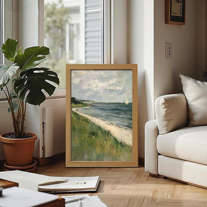 CXQILVER Framed Vintage Coastal Wall Art, Rustic Beach Seascape Sailboats Canvas Wall Decor Ocean Landscape Painting Picture for Coastal Cottage Living Room Bedroom Bathroom Decor 16x24 Inch