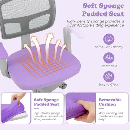 Giantex Kids Desk Chair, Ergonomic Adjustable Student Rolling Chair with Footrest & Flip-up Armrest, Mesh Children Office Chair with Universal Wheels, Kids Computer Chair for Boys & Girls, Purple
