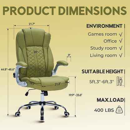 400lbs Executive Office Chair with Flip-Up Armrests, Big and Tall Computer Chair for Heavy People, Heavy Duty Ergonomic Comfy Chair, Breathable PU Leather (Green)
