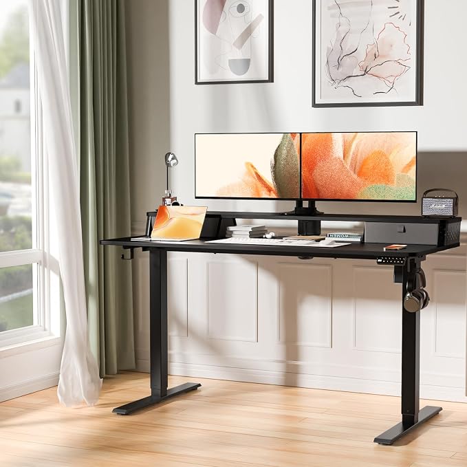 Electric Standing Desk with Two Drawers,55 x 24 Inch Sit Stand Desk Adjustable Height, Stand Up Desk with Storage Shelf, Computer Workstation for Home Office, Black