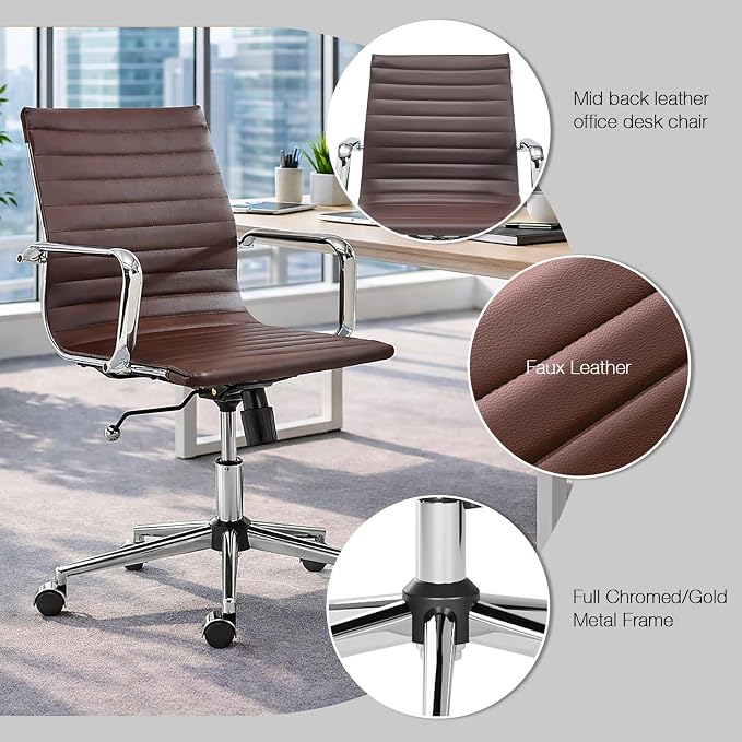 Office Chair with Arms, Brown Faux Leather Desk Chair with Ribbed Mid Back, Adjustable Height Swivel Computer Chair for Home Office, Conference Room and Reception
