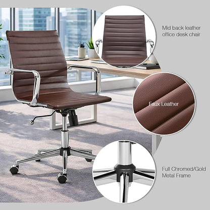 Office Chair with Arms, Brown Faux Leather Desk Chair with Ribbed Mid Back, Adjustable Height Swivel Computer Chair for Home Office, Conference Room and Reception