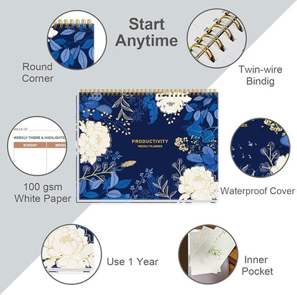 Weekly Productivity Planner - 8.5" x 11" Dashboard Desk Notepad Has 6 Focus Areas to List Tasks for Goals, Projects, Clients, Academic or Meal-Organize Your Daily Work Efficiently, 54 Weeks, Blue Leaf