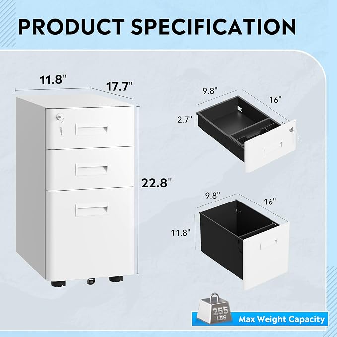 DEVAISE 3-Drawer File Cabinet, White Locking File Cabinet on Wheels, Fully Assembled Mobile Filing Cabinet for Office, 17.7" D x 11.8" W x 22.8" H