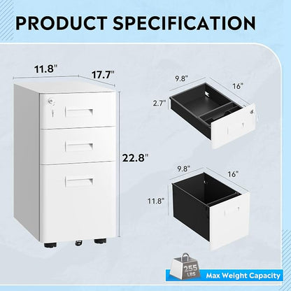 DEVAISE 3-Drawer File Cabinet, White Locking File Cabinet on Wheels, Fully Assembled Mobile Filing Cabinet for Office, 17.7" D x 11.8" W x 22.8" H
