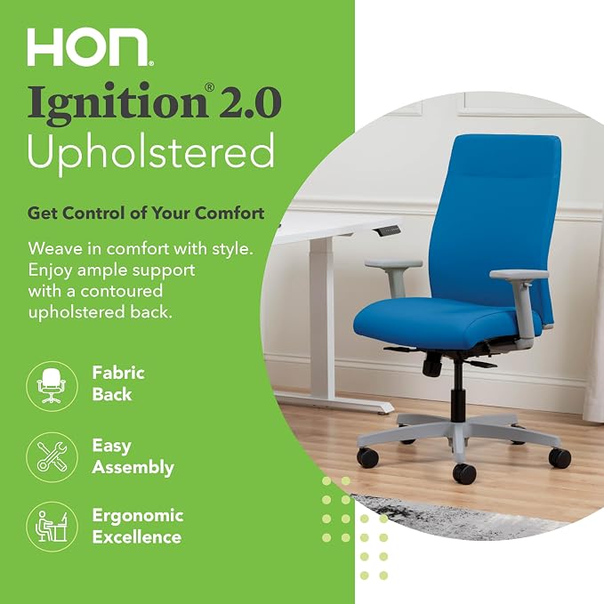 HON Ignition 2.0 Ergonomic Office Chair with Adjustable Arms, Standard Synchro‑Tilt Recline, Upholstered Desk and Computer Chair for Home Office or Workstation, Titanium Frame, Peacock