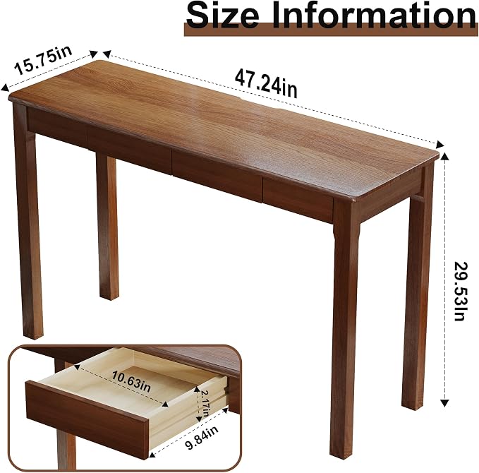 100% Solid Wood Desk with Drawers 47 Inch Mid Century Modern Desk Vintage Writing Wooden Desks for Small Spaces Bedroom, Living Room, Office