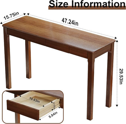100% Solid Wood Desk with Drawers 47 Inch Mid Century Modern Desk Vintage Writing Wooden Desks for Small Spaces Bedroom, Living Room, Office