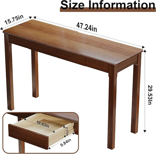 100% Solid Wood Desk with Drawers 47 Inch Mid Century Modern Desk Vintage Writing Wooden Desks for Small Spaces Bedroom, Living Room, Office
