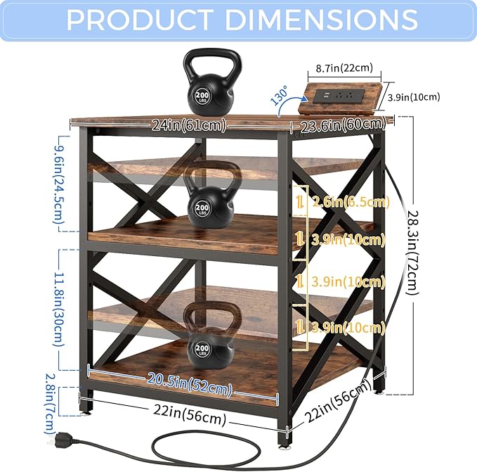 METYERRY Large Printer Stand with Power Outlet, with Height Adjustable Storage Shelf, 3 Tier Rolling Printer Cart with Industrial Wheels, 23.6 x 23.6 Inches Printer Table for Home Office, Rustic Brown