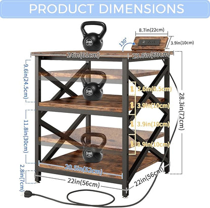 METYERRY Large Printer Stand with Power Outlet, with Height Adjustable Storage Shelf, 3 Tier Rolling Printer Cart with Industrial Wheels, 23.6 x 23.6 Inches Printer Table for Home Office, Rustic Brown