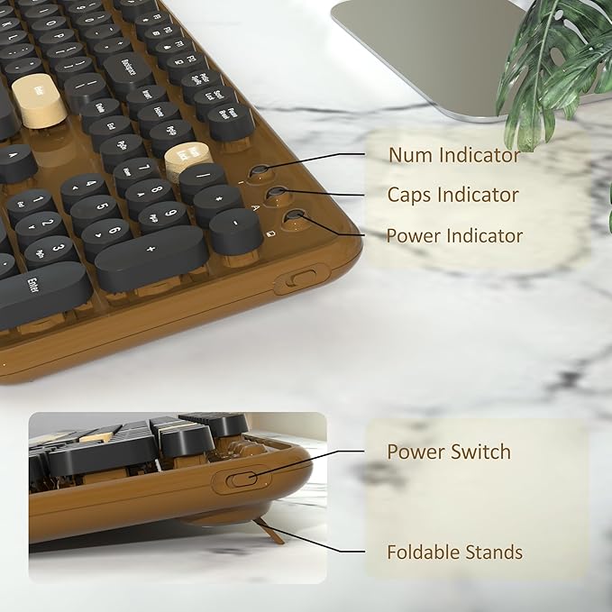 Retro Wireless Keyboard and Mouse Combo with Wrist Rest - Aesthetic Typewriter Style, Full-Size Clicky Tactile Floating Round Keys, 2.4GHz Ergonomic Set for Mac, Windows(Coffee Color)