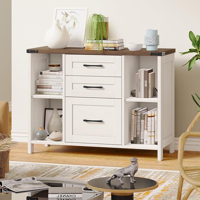 Halitaa 3 Drawer File Cabinet, Farmhouse Lateral Filing Cabinet Fits File Letter or A4 Size, Wooden Printer Stand with Open Storage Adjustable Shelf for Home Office, White