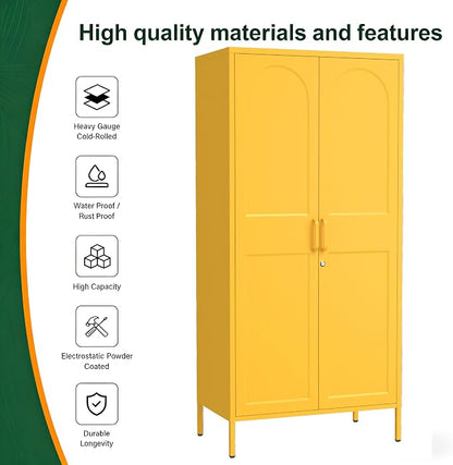 67 Inch Lockable Yellow Steel Wardrobe Storage Cabinet, Freestanding Metal Armoire Locker with Hanging Rod and Adjustable Shelves, Heavy Duty Clothing Storage Locker for Bedroom Apartment Home Use