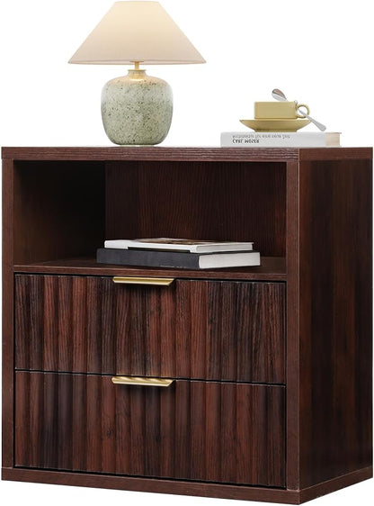 WLIVE Fluted Night Stand, Wood Nightstands with 2 Storage Drawers and Open Shelf, Mid Century Modern Bed Side Tables for Bedroom, Dorm, Espresso