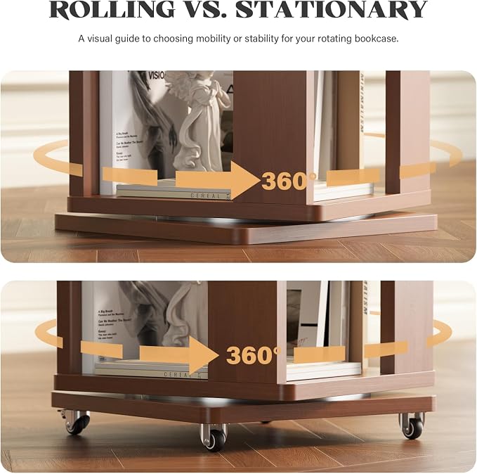 6 Tier Solid Wood Rotating Bookshelf Tower on Wheels, 360° Upgrade Spinning Book Shelf, Revolving Bookcase Organizer, Swivel Bookshelves for Small Spaces, Corner, Bedroom, Kids Room, Office (Brown)