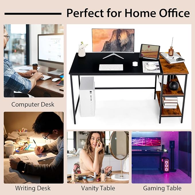 Multifunctional Computer Desk, Industrial Study Writing Desk w/Removable Storage Shelf, Heavy-Duty Metal Frame, 55 Inch Desk for Home Office, Gaming Room, Bedroom (Black)