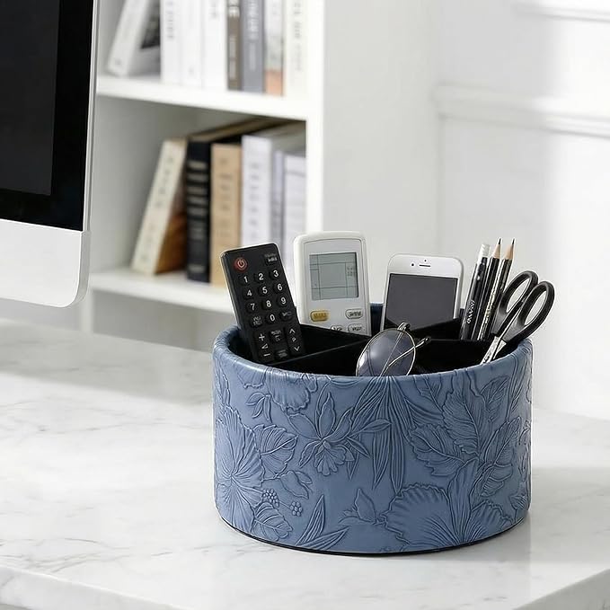 Remote Control Holder, 360°Spinning PU Leather Desk TV Remote Caddy,Desk Storage Box Room Accessories for Controller, Media,Mail,Calculator, Mobile Phone,Pencil(1-Carved Blue2)