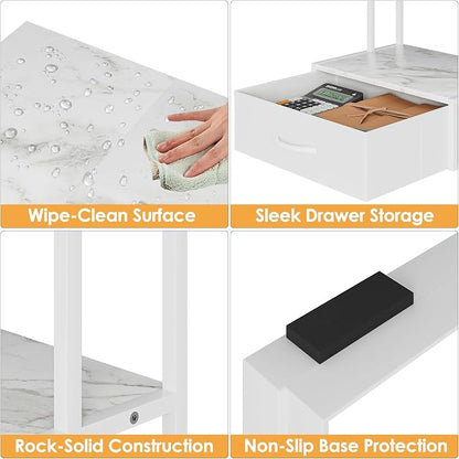 Masupu Printer Stand for Desk, Printer Table with Fabric Storage Drawer, 2 Tier Desktop Shelf, Multi-Purpose Desk Organizer for Home Office, 3D Printer, Fax Machine, Scanner, Marble White
