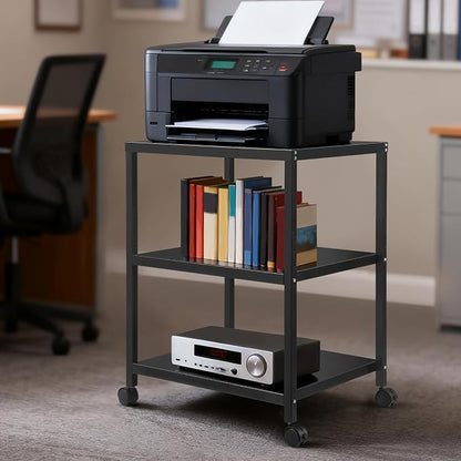 3-Tier Under Desk Printer Stand, 30-Inch Deep Large Printer Table with Height-Adjustable Shelf & 4 Lockable Wheels, Space-Saving Organizer for Home & Office