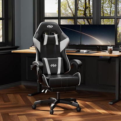 HLDIRECT Gaming Chair, Ergonomic Computer Office Chair with Lumbar Support Footrest Headrest, Adjustable Height & Backrest Angle Video Gamer Chair, PU Leather, 360° Swivel, Adult (Black&White)