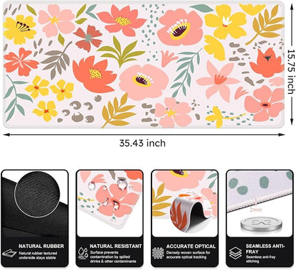iCasso Desk Matt for Desktop, Cute Desk Pad Mat, XXL Large Mouse Pad, Anti-Slip Big Mousepad with Stitched Edges, Keyboard Pad Mouse Mat for Computer, Work, Gaming (Flowers Leaves)