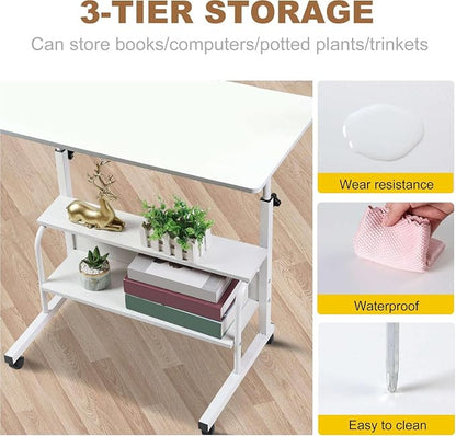 Adjustable Table Student Computer Portable Home Office Furniture Small Spaces Sofa Bedroom Bedside Desk Learn Play Game Desk on Wheels Movable with Storage Table Size 31.5 * 15.7 Inch,White D