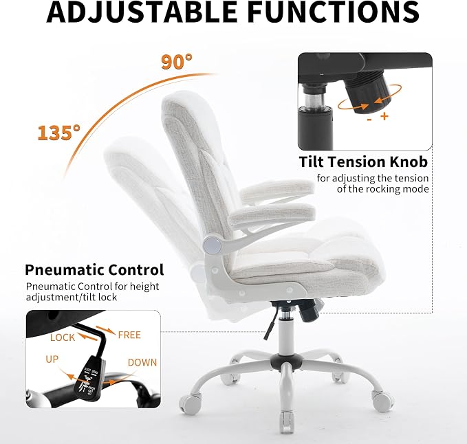 Home Office Ergonomic Desk Chair - Comfy Fabric Executive Chair with Flip-Up Armrests, Height Adjustable Computer Chair for Gaming, 360° Swivel & Rocking (White)