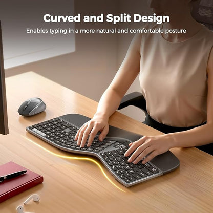 MEETION Ergonomic Keyboard and Mouse Wireless, Split Curved 2.4G & Bluetooth Keyboard Mouse, Full-size Cushioned Palm Rest Keyboard, 4 Adjustable DPI Mouse, Compatible for Windows/Mac/PC/Laptop, Black
