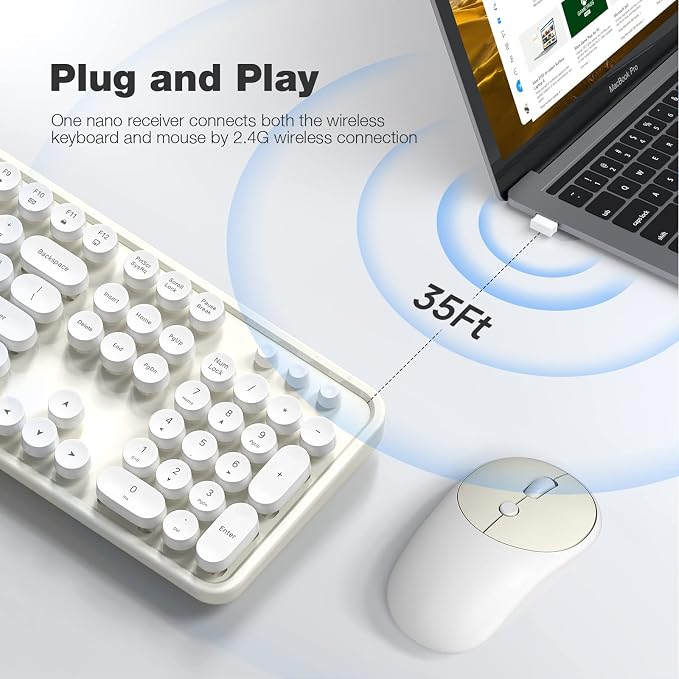 KNOWSQT Wireless Keyboard and Mouse Combo - White-Milky Full-Sized 2.4 GHz 104 Keys Typewriter Cute Keyboard, Round Keycap and Optical Mouse for Windows, Computer, PC, Laptop, Desktop