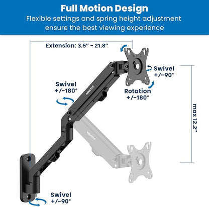 Mount-It! Single Monitor Wall Mount, Computer Monitor Wall Mount Arm, Vesa 100x100 75 x 75 - Pole Mounting, Full Motion Vesa Wall Bracket for 17" to 32" Screens, Curved Displays, 15.4 lb max
