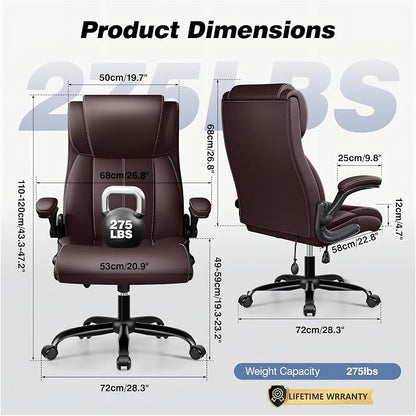 BESTFAIR Ergonomic High Back Office Chair, Adjustable Lumbar, Coffee 2 Pack | Inflatable Lumbar Support For Custom Comfort, Flip-Up Arms, 21" Wide Seat, Scratch-Resistant Pu Leather, Rocking & Heavy-Duty